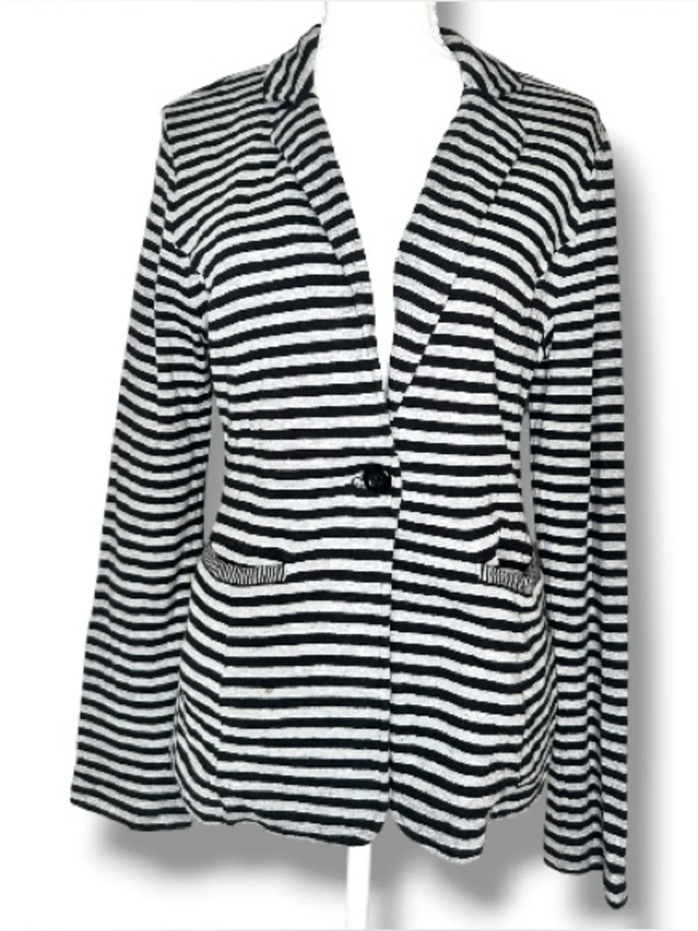 Caslon Black Gray Striped Knit Blazer Size S Cotton Open Front Jacket